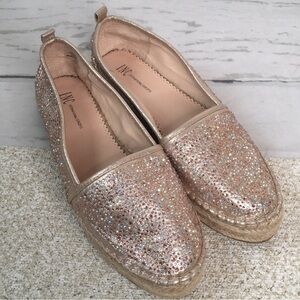 INC Caleyy2 Flats Rose Gold AB Rhinestone Espadrille Shoes Iridescent Sparkle